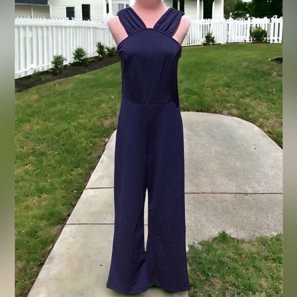 THE VANITY ROOM NWT CREPE V DETAIL JUMPSUIT INK BLUE MEDIUM CROP LENGTH - Picture 3 of 13